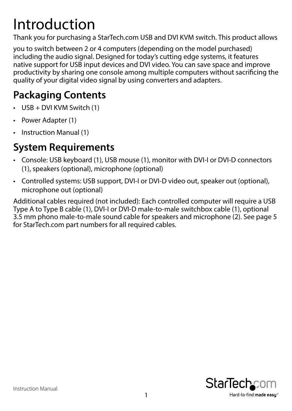 Introduction, Packaging contents, System requirements | Packaging contents system requirements | StarTech.com SV431UADVI User Manual | Page 4 / 12