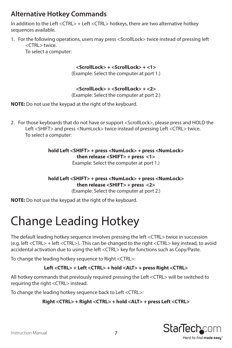 Change leading hotkey, Alternative hotkey commands | StarTech.com SV231DVIUA User Manual | Page 10 / 13