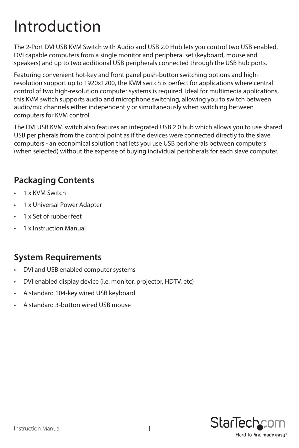 Introduction, Packaging contents, System requirements | StarTech.com SV231DVIUA User Manual | Page 4 / 13