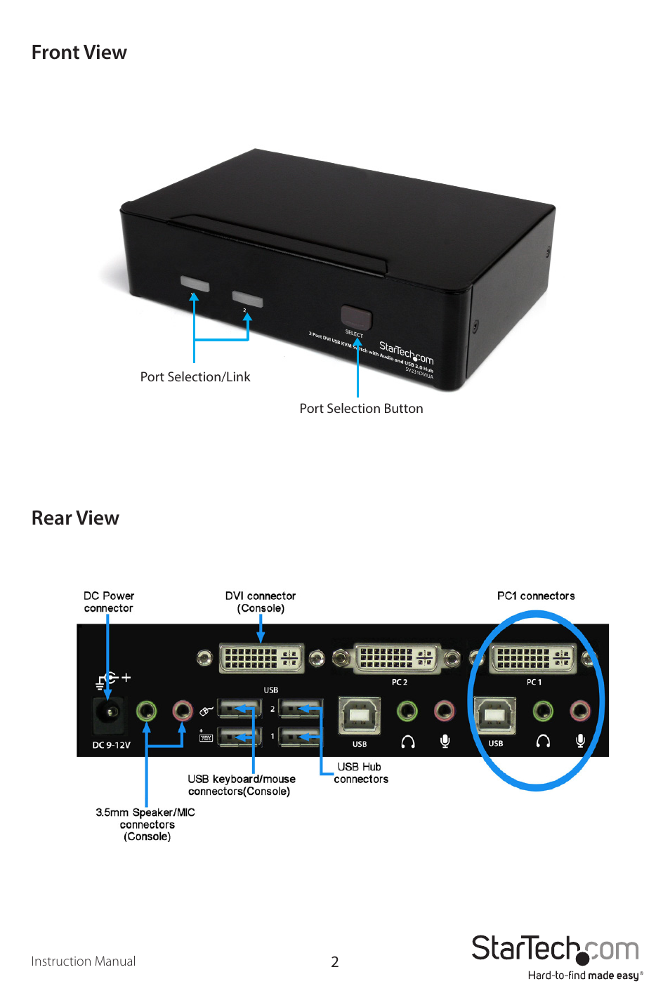 Front view rear view | StarTech.com SV231DVIUA User Manual | Page 5 / 13