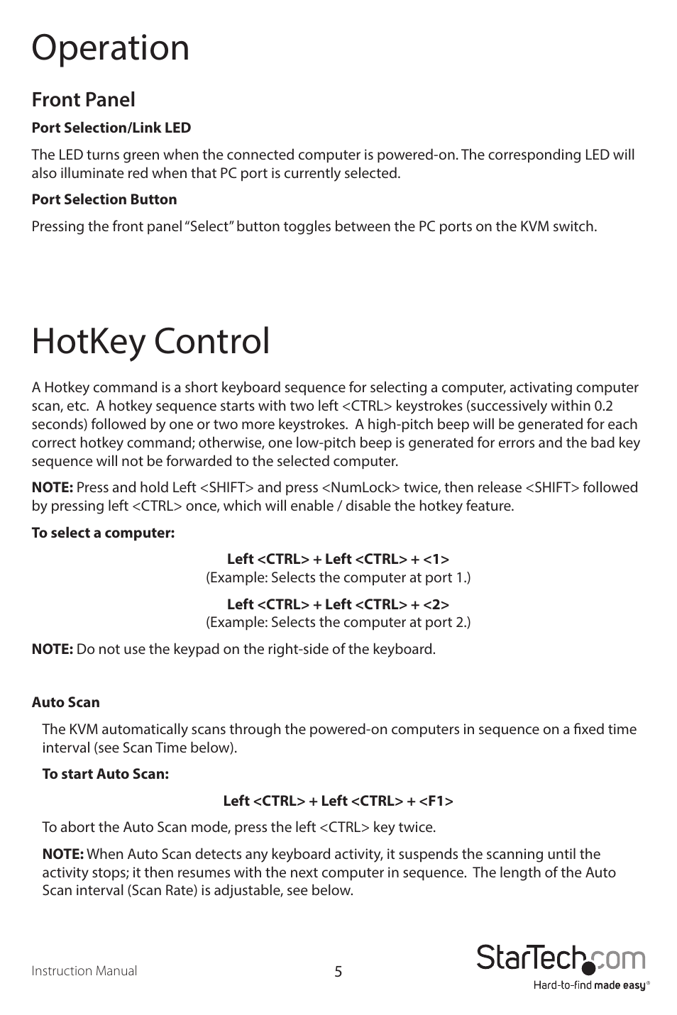 Operation, Hotkey control, Front panel | StarTech.com SV231DVIUA User Manual | Page 8 / 13