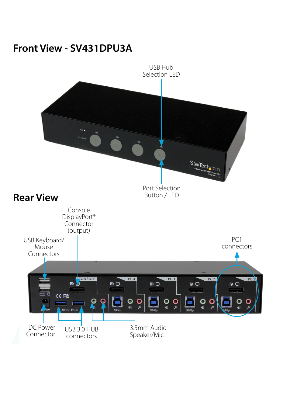 Front view - sv431dpu3a, Rear view, Front view - sv431dpu3a rear view | StarTech.com SV431DPU3A User Manual | Page 5 / 13