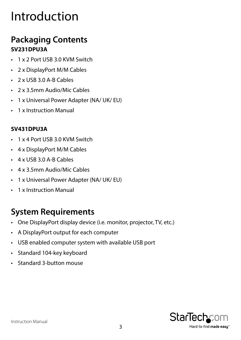 Introduction, Packaging contents, System requirements | Packaging contents system requirements | StarTech.com SV431DPU3A User Manual | Page 6 / 13