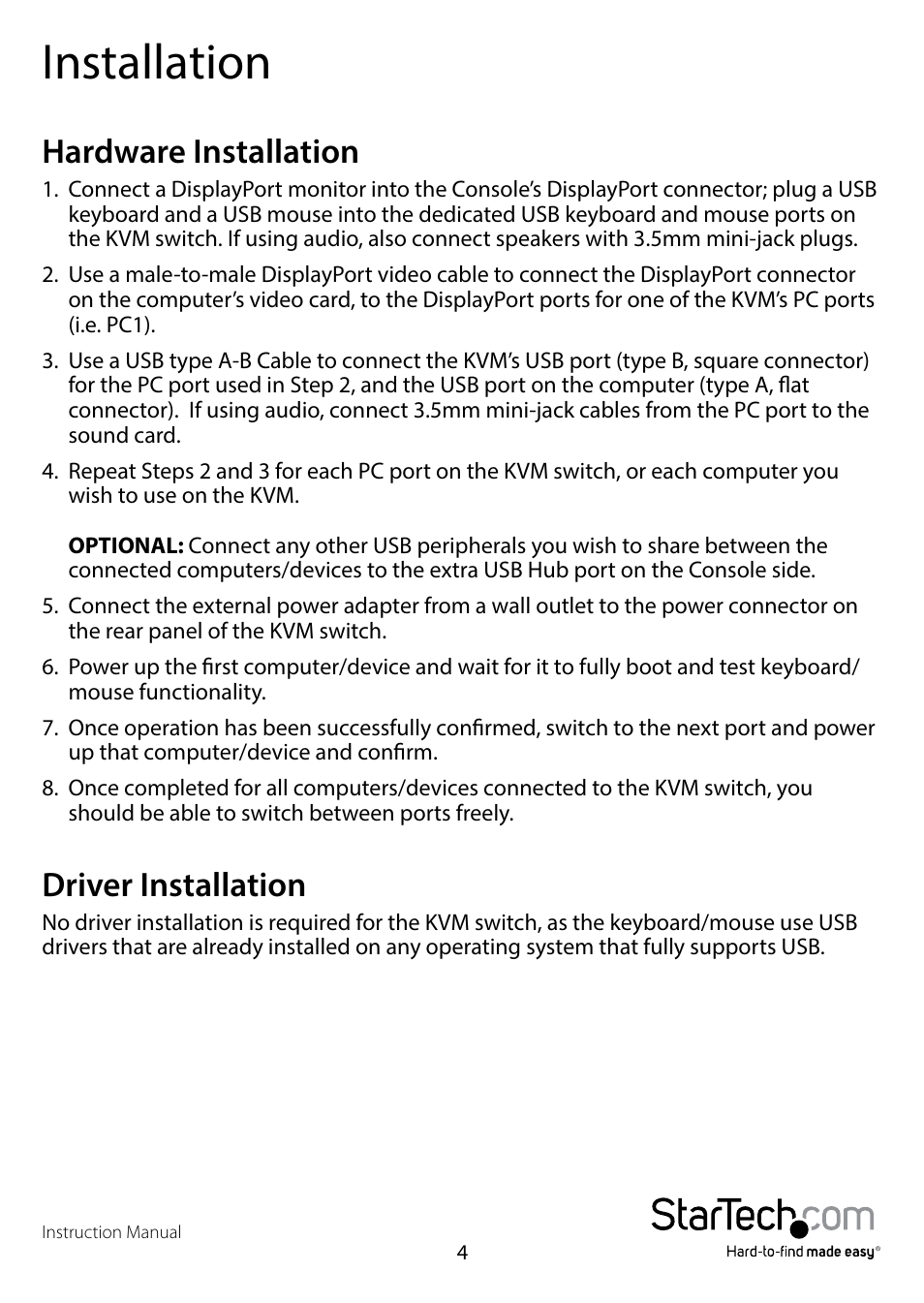 Installation, Hardware installation, Driver installation | Hardware installation driver installation | StarTech.com SV431DPU3A User Manual | Page 7 / 13