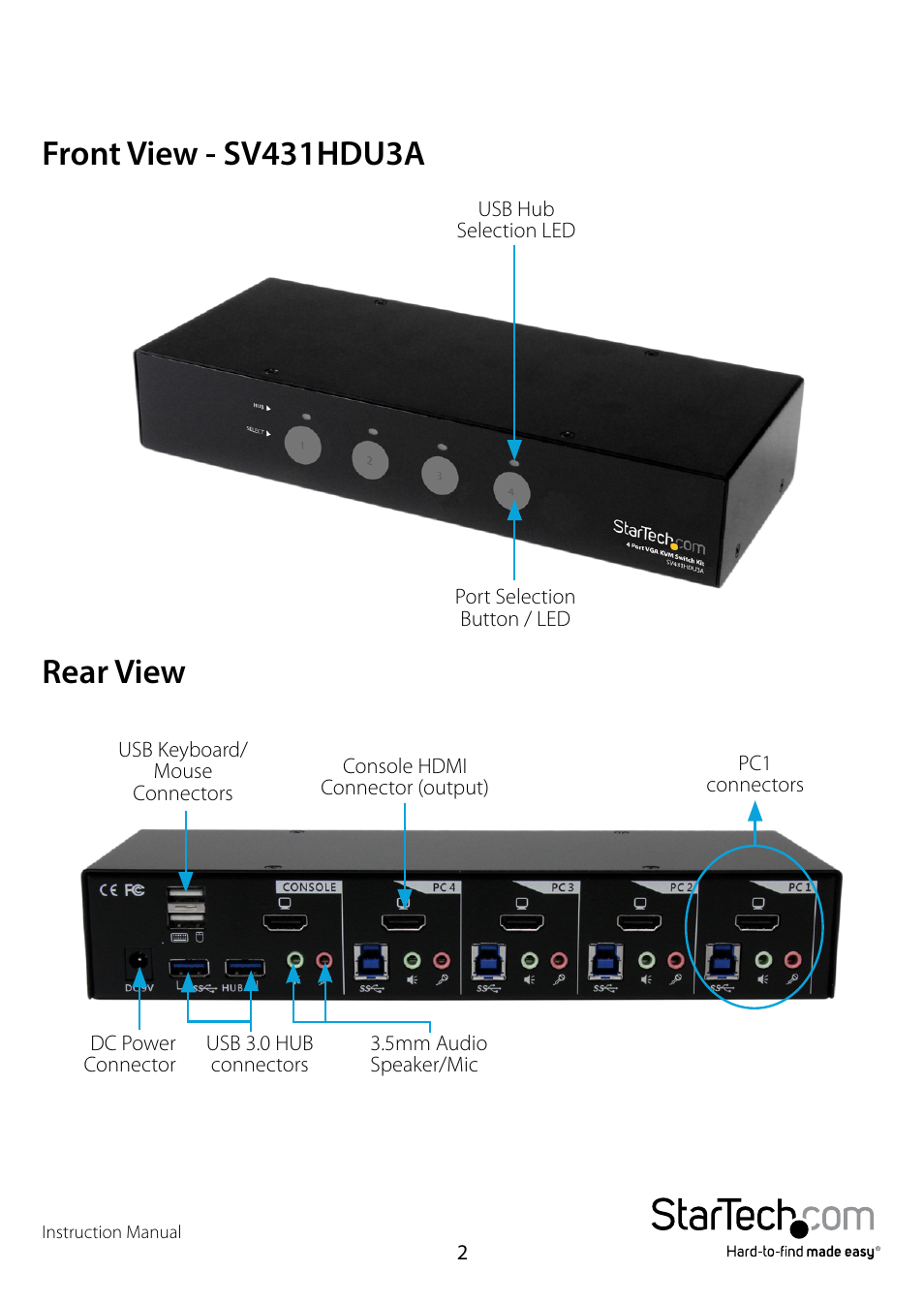 Front view - sv431hdu3a, Rear view, Front view - sv431hdu3a rear view | StarTech.com SV431HDU3A User Manual | Page 5 / 13