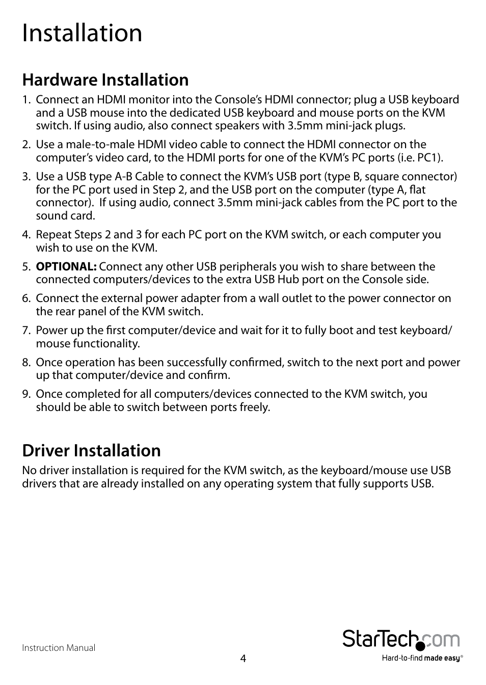 Installation, Hardware installation, Driver installation | Hardware installation driver installation | StarTech.com SV431HDU3A User Manual | Page 7 / 13