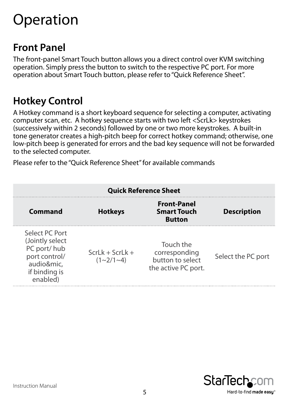 Operation, Front panel, Hotkey control | Front panel hotkey control | StarTech.com SV431HDU3A User Manual | Page 8 / 13