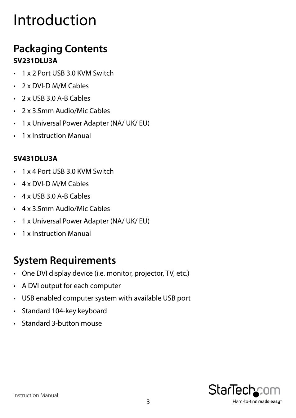 Introduction, Packaging contents, System requirements | Packaging contents system requirements | StarTech.com SV431DLU3A User Manual | Page 6 / 13