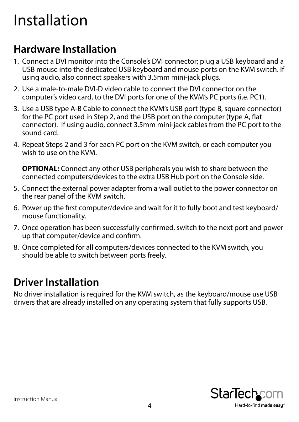 Installation, Hardware installation, Driver installation | Hardware installation driver installation | StarTech.com SV431DLU3A User Manual | Page 7 / 13