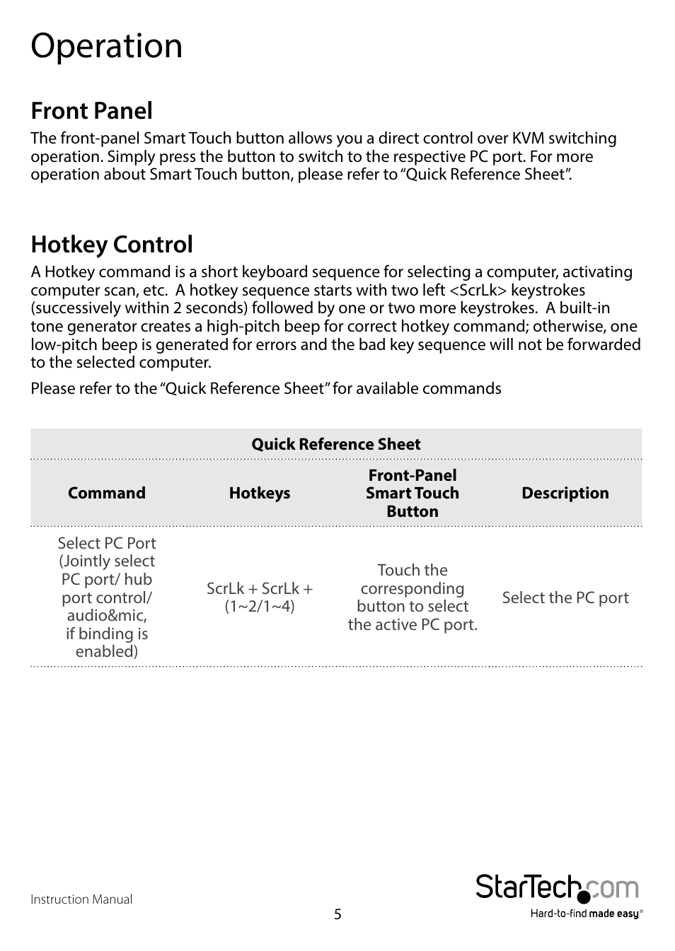 Operation, Front panel, Hotkey control | Front panel hotkey control | StarTech.com SV431DLU3A User Manual | Page 8 / 13