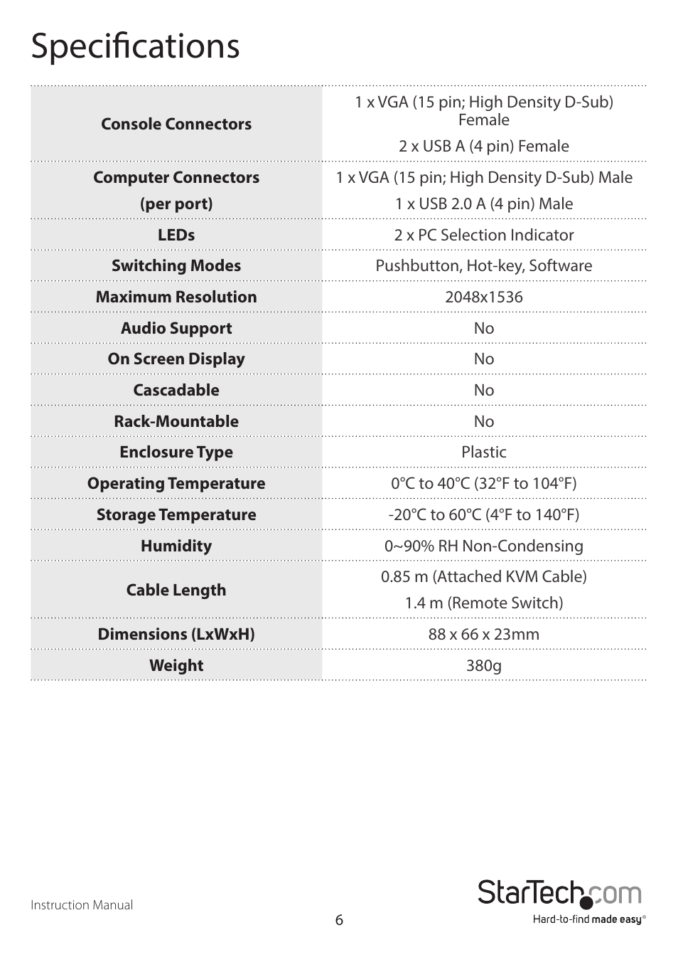 Specifications | StarTech.com SV211USB User Manual | Page 9 / 11