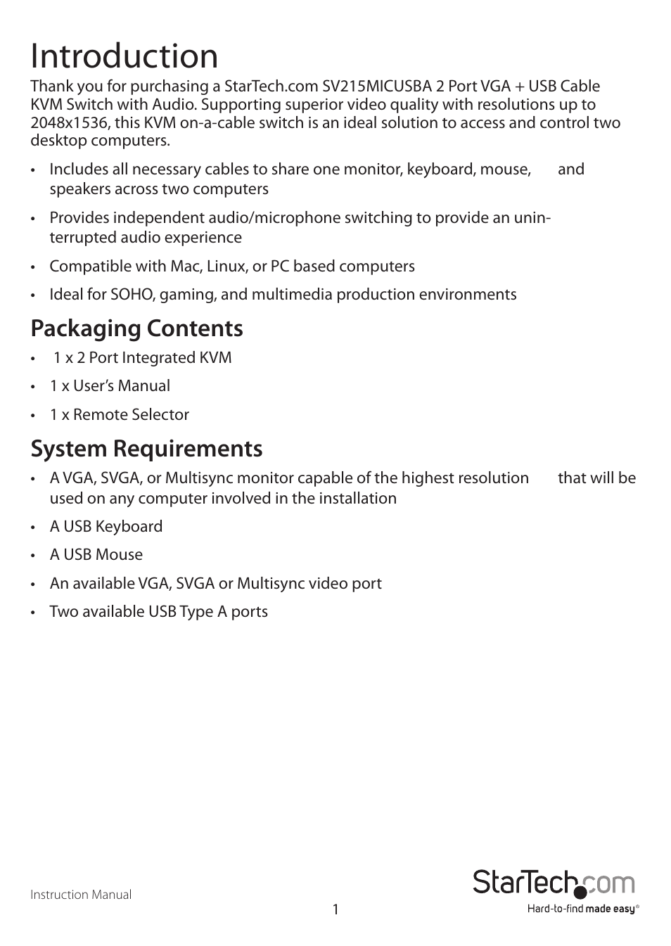 Introduction, Packaging contents, System requirements | StarTech.com SV215MICUSBA User Manual | Page 4 / 13