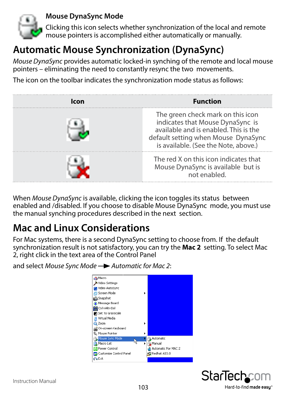 Automatic mouse synchronization (dynasync), Mac and linux considerations | StarTech.com SV1108IPPWEU User Manual | Page 110 / 184