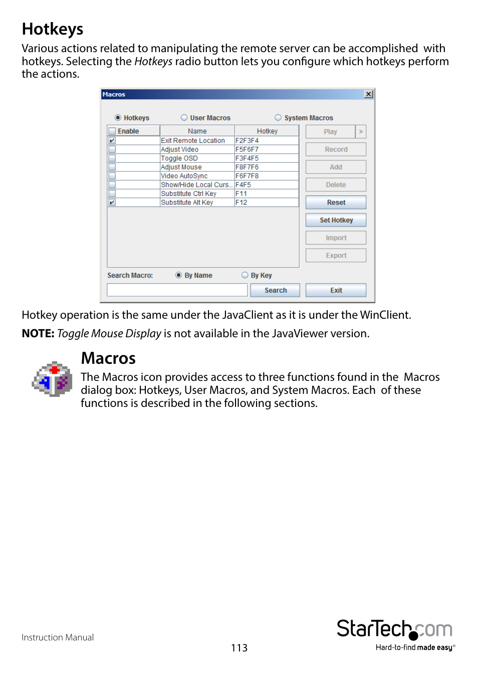Hotkeys, Macros, Hotkeys macros | StarTech.com SV1108IPPWEU User Manual | Page 120 / 184