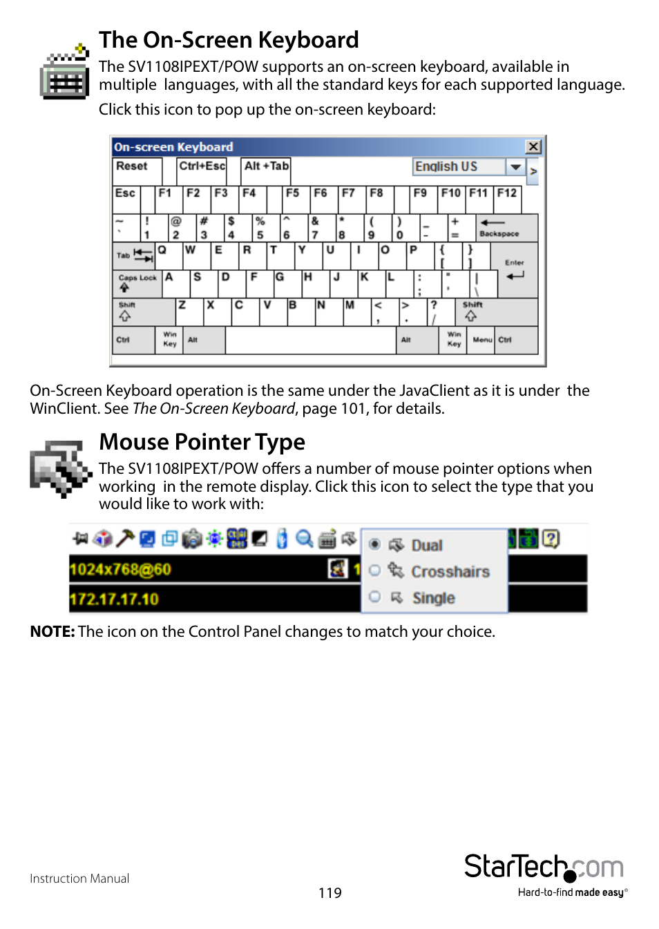 The on-screen keyboard, Mouse pointer type, The on-screen keyboard mouse pointer type | StarTech.com SV1108IPPWEU User Manual | Page 126 / 184