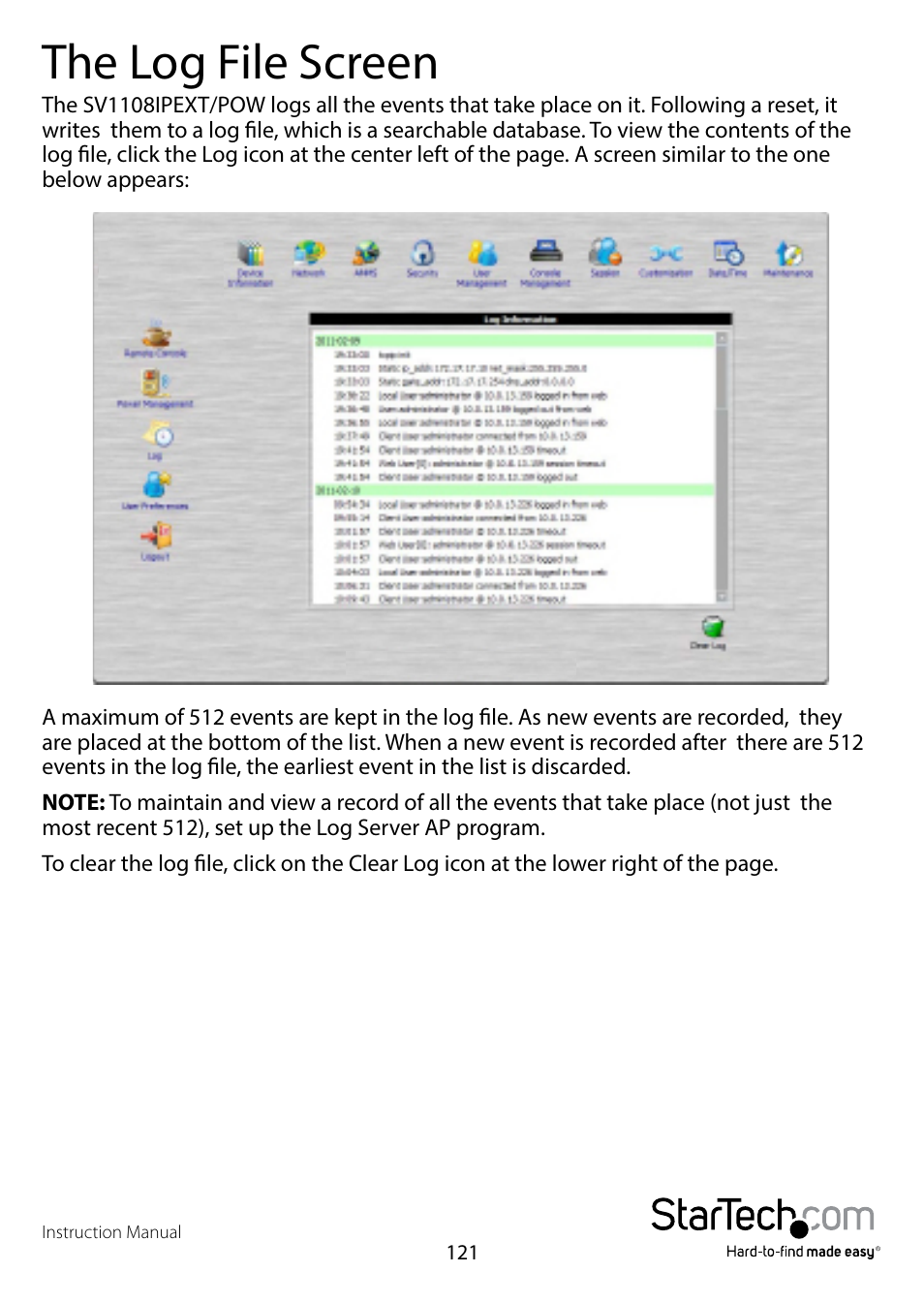 The log file screen | StarTech.com SV1108IPPWEU User Manual | Page 128 / 184