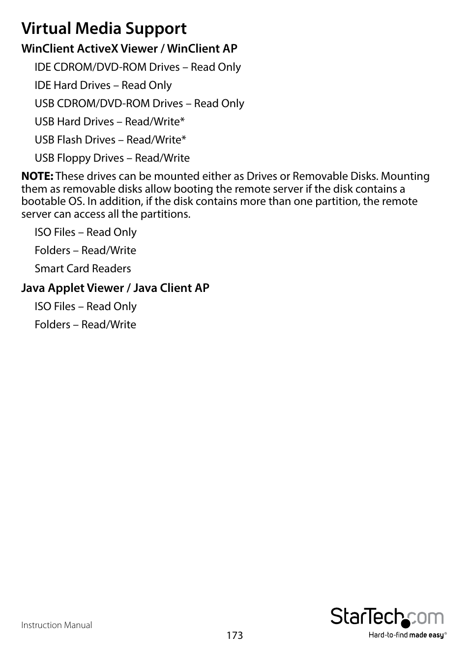 Virtual media support | StarTech.com SV1108IPPWEU User Manual | Page 180 / 184