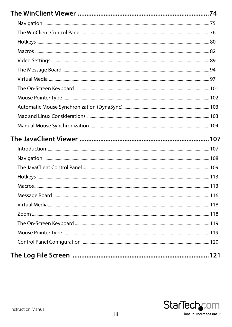 The winclient viewer, The javaclient viewer, The log file screen | StarTech.com SV1108IPPWEU User Manual | Page 5 / 184