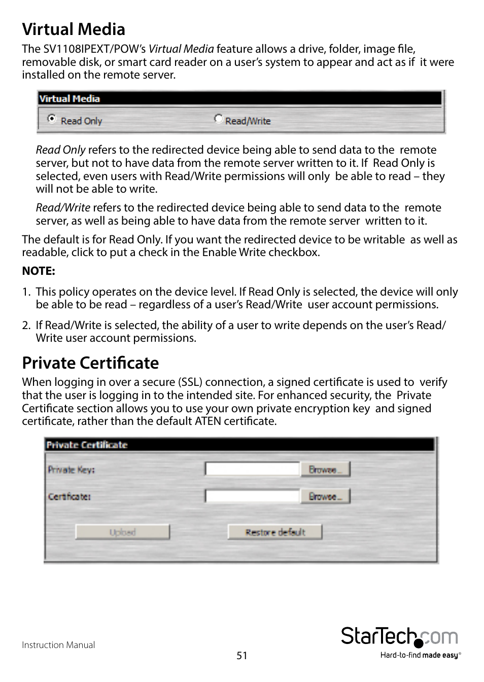 Virtual media, Private certificate, Virtual media private certificate | StarTech.com SV1108IPPWEU User Manual | Page 58 / 184