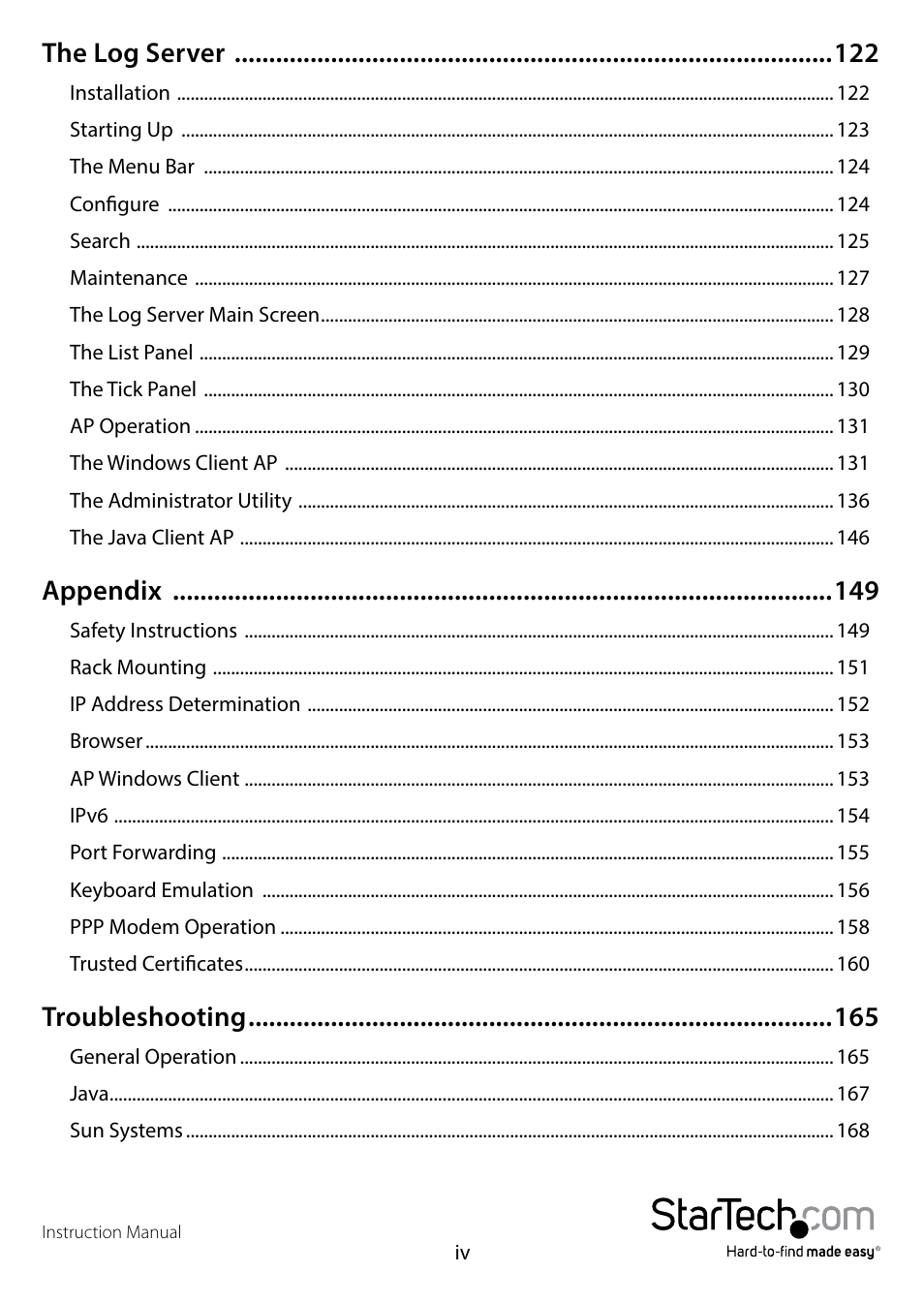 The log server, Appendix, Troubleshooting | StarTech.com SV1108IPPWEU User Manual | Page 6 / 184
