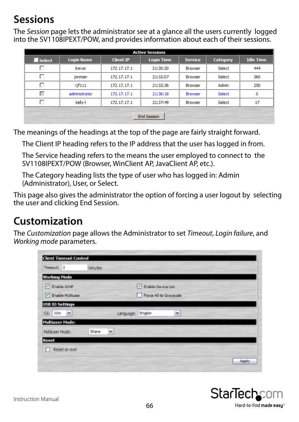 Sessions, Customization, Sessions customization | StarTech.com SV1108IPPWEU User Manual | Page 73 / 184
