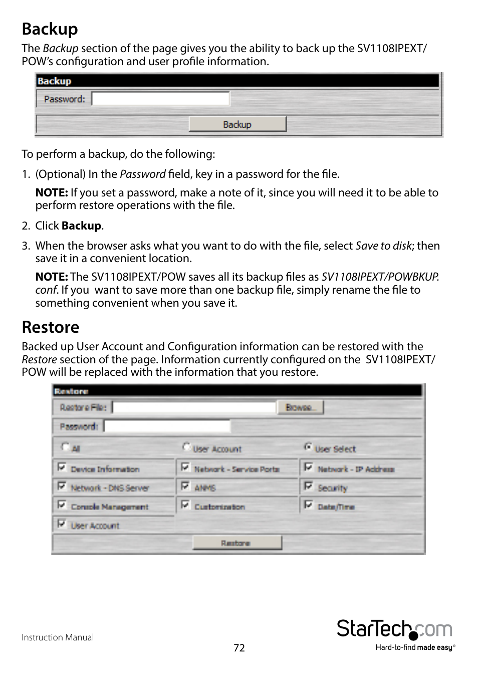 Backup, Restore, Backup restore | StarTech.com SV1108IPPWEU User Manual | Page 79 / 184