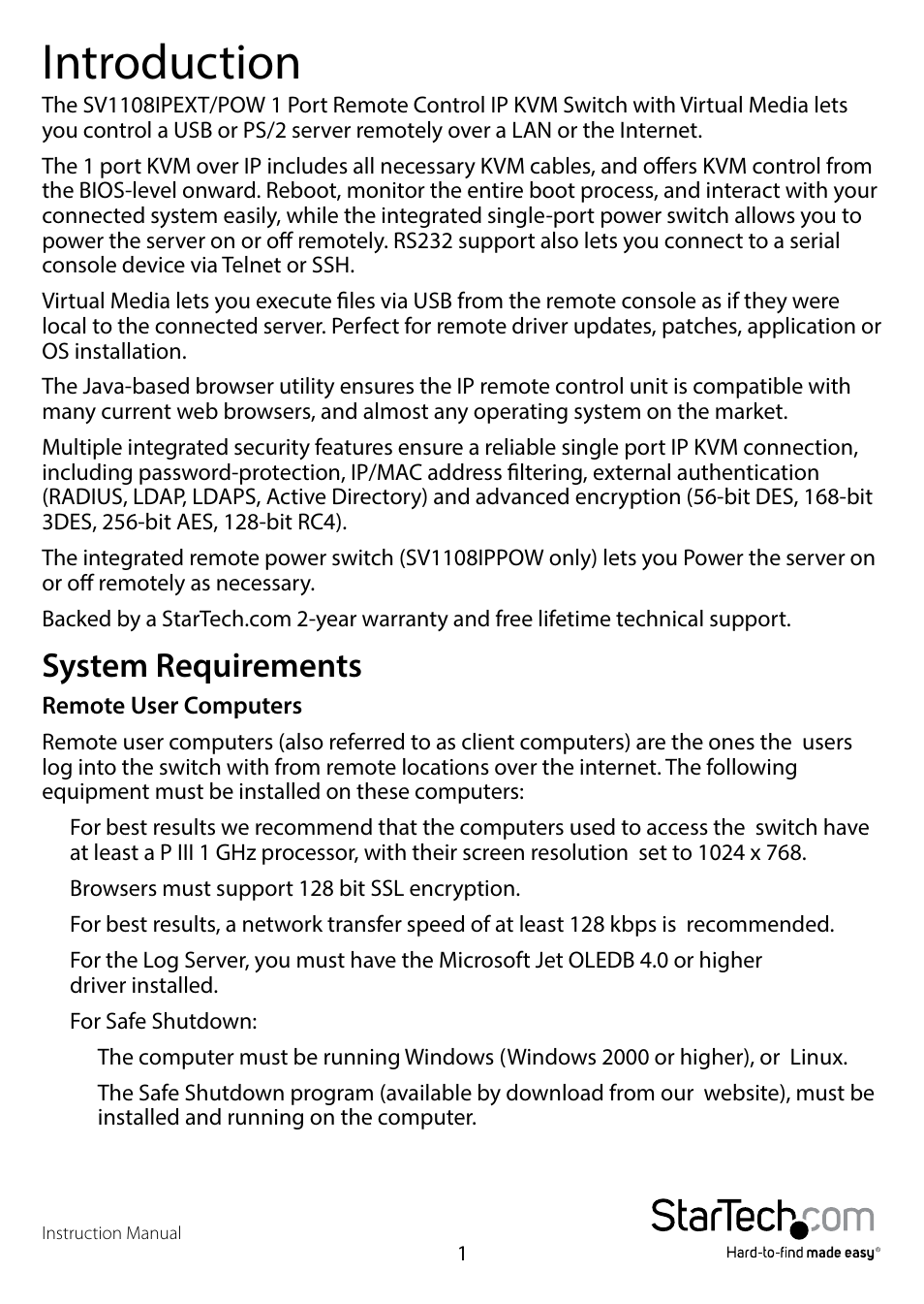Introduction, System requirements | StarTech.com SV1108IPPWEU User Manual | Page 8 / 184