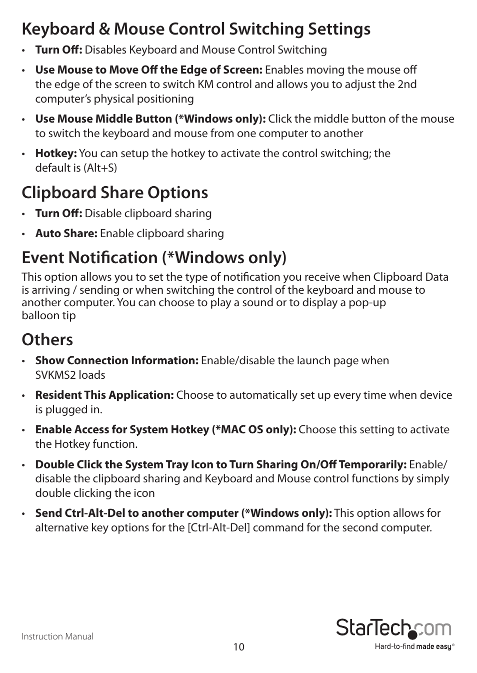 Keyboard & mouse control switching settings, Clipboard share options, Event notification (*windows only) | Others | StarTech.com SVKMS2 User Manual | Page 13 / 16