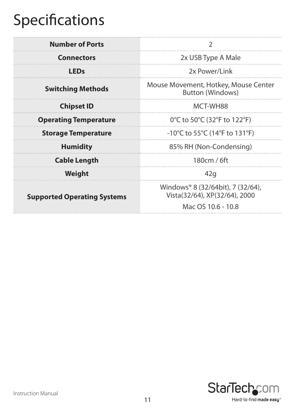 Specifications | StarTech.com SVKMS2 User Manual | Page 14 / 16