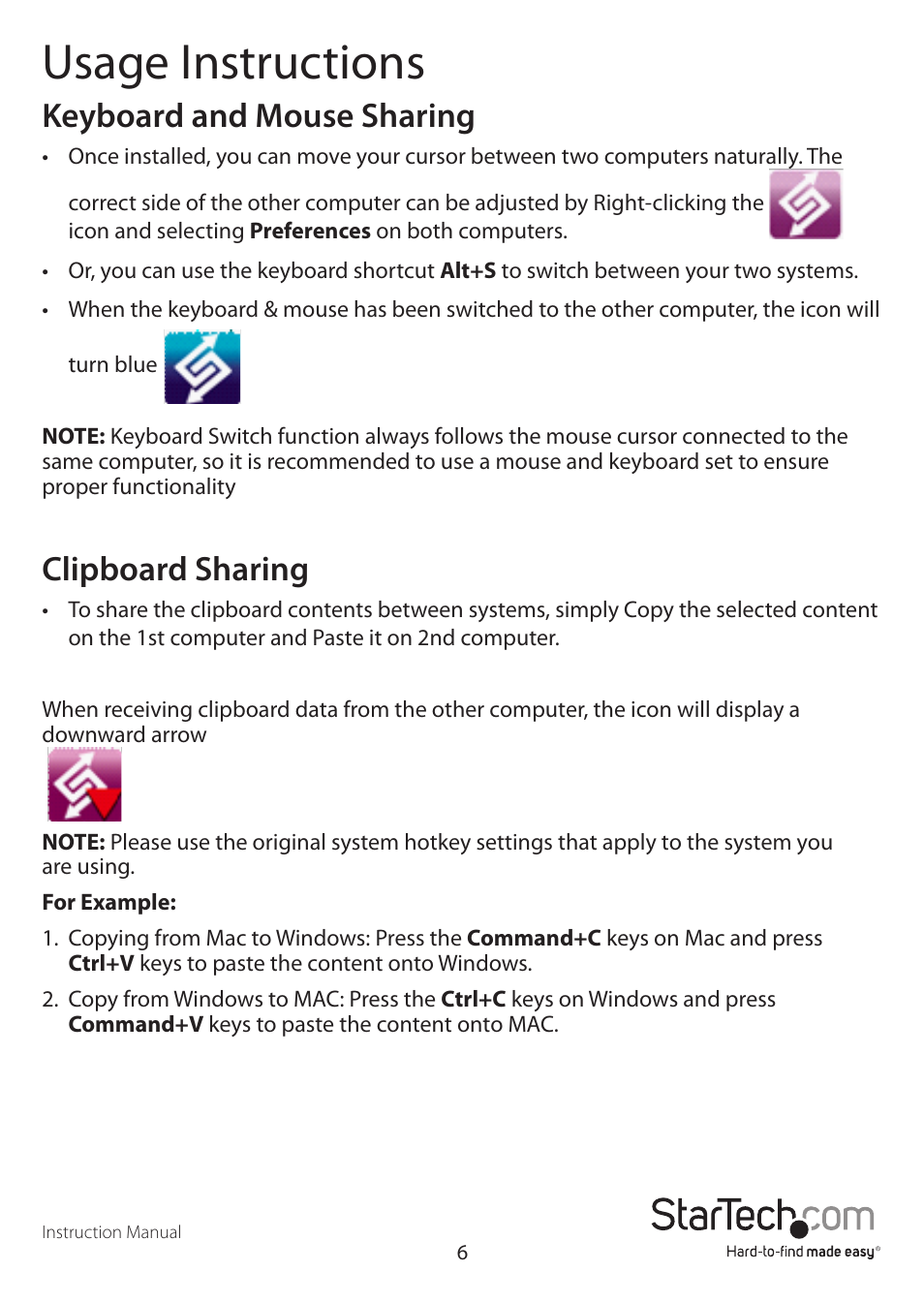 Usage instructions, Keyboard and mouse sharing, Clipboard sharing | StarTech.com SVKMS2 User Manual | Page 9 / 16