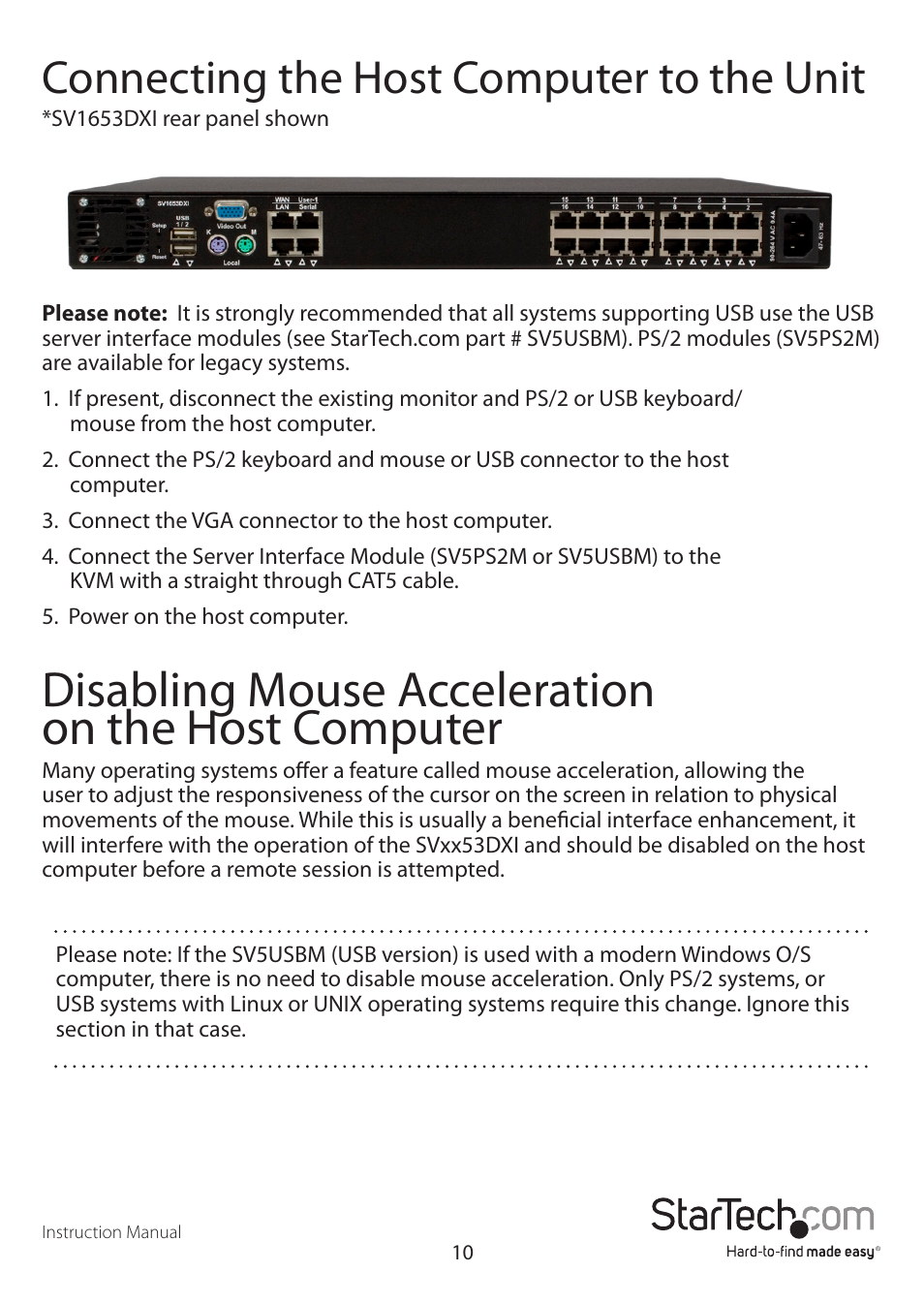 Disabling mouse acceleration on the host computer, Connecting the host computer to the unit | StarTech.com SV3253DXI User Manual | Page 15 / 70