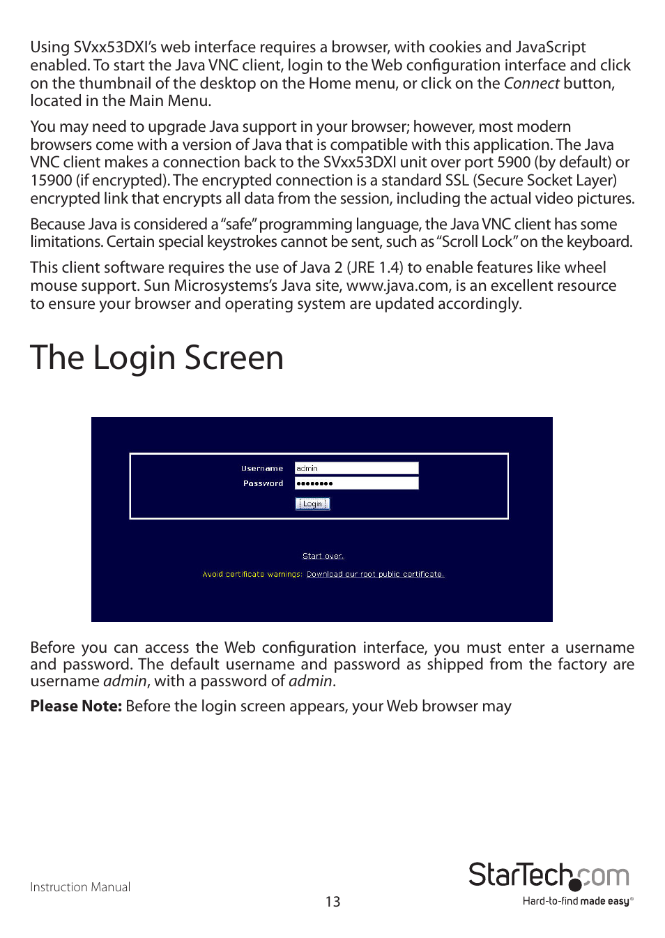 The login screen | StarTech.com SV3253DXI User Manual | Page 18 / 70
