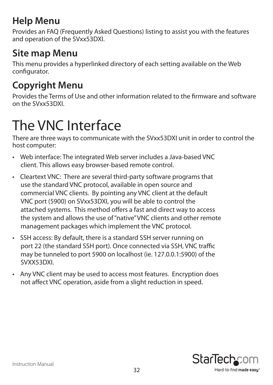 The vnc interface, Help menu, Site map menu | Copyright menu | StarTech.com SV3253DXI User Manual | Page 37 / 70