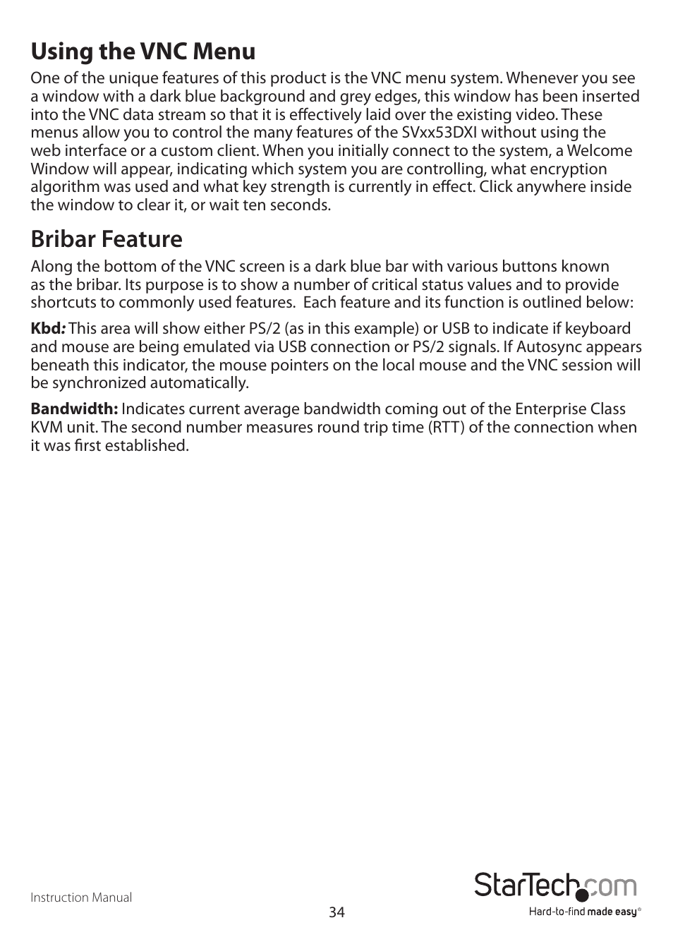 Using the vnc menu, Bribar feature | StarTech.com SV3253DXI User Manual | Page 39 / 70