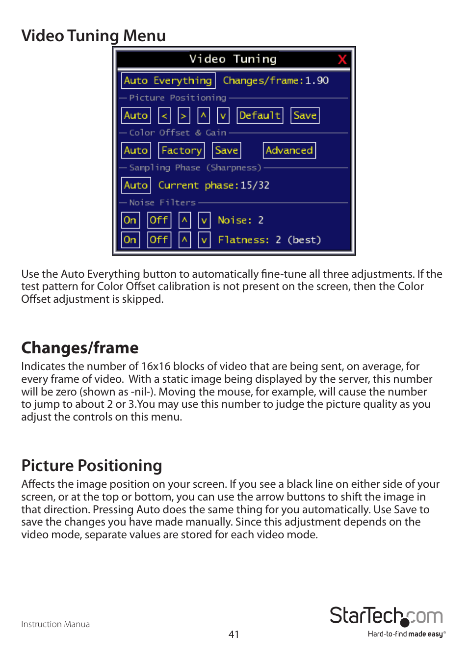Video tuning menu, Changes/frame, Picture positioning | StarTech.com SV3253DXI User Manual | Page 46 / 70