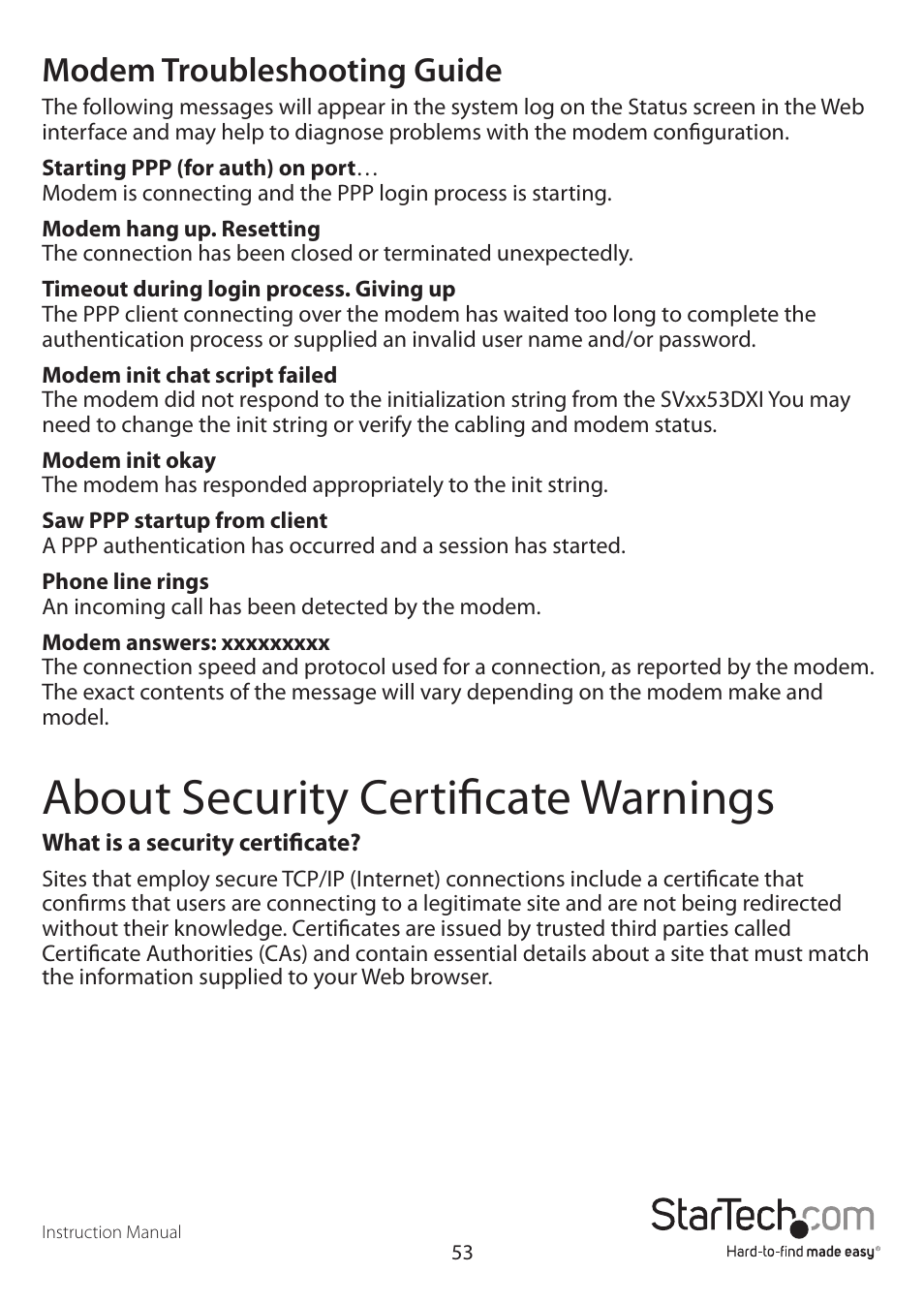 About security certificate warnings, Modem troubleshooting guide | StarTech.com SV3253DXI User Manual | Page 58 / 70