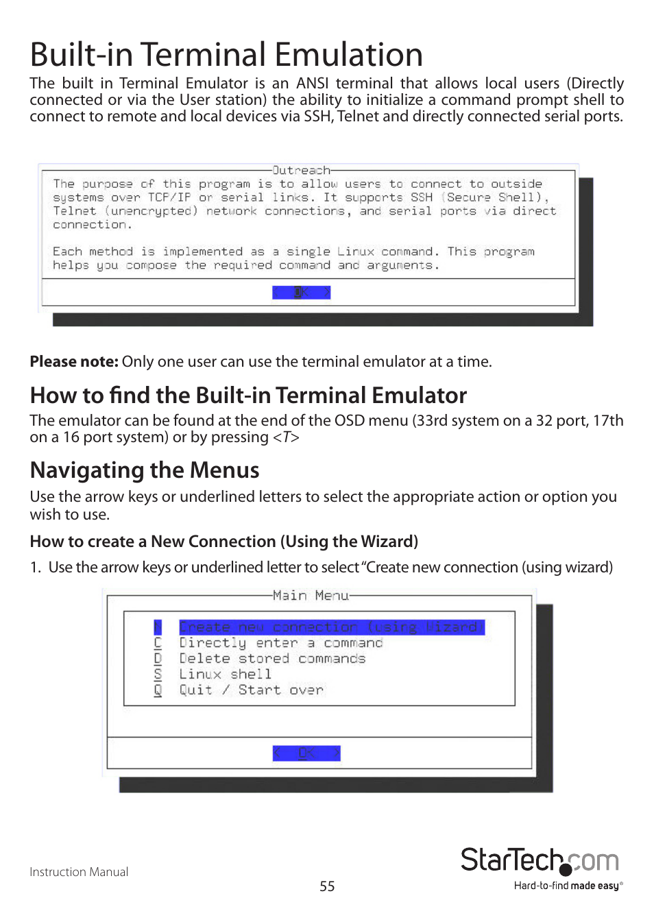 Built-in terminal emulation, How to find the built-in terminal emulator, Navigating the menus | StarTech.com SV3253DXI User Manual | Page 60 / 70