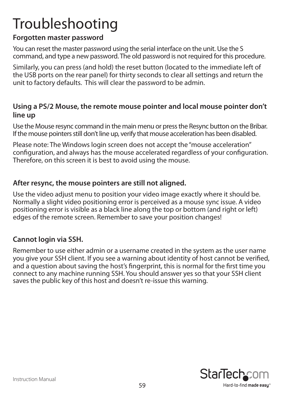 Troubleshooting | StarTech.com SV3253DXI User Manual | Page 64 / 70