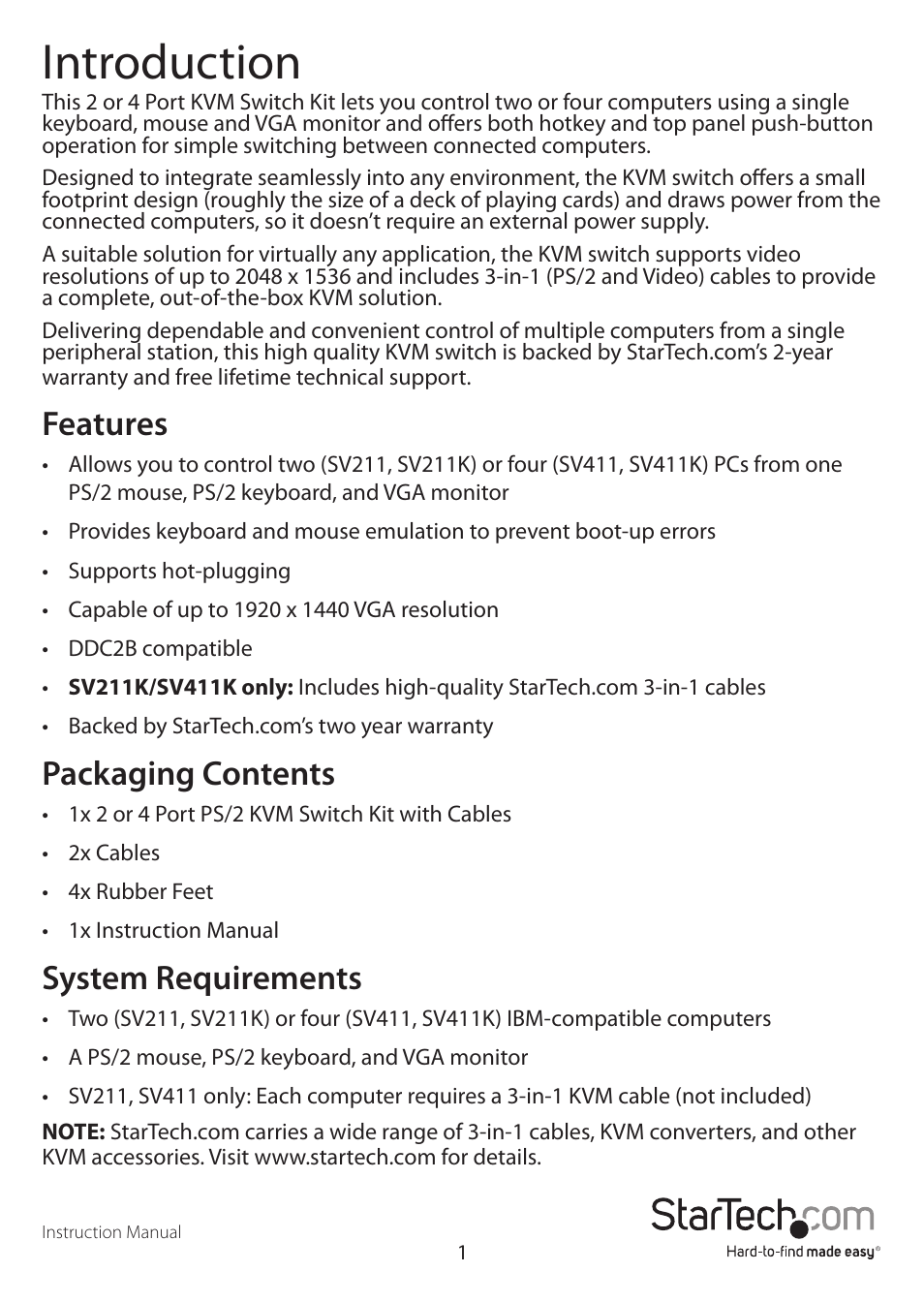 Introduction, Features, Packaging contents | System requirements | StarTech.com SV411K User Manual | Page 4 / 10