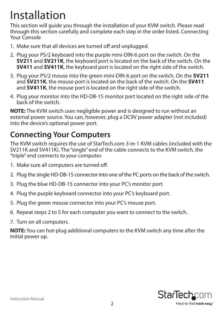 Installation, Connecting your computers | StarTech.com SV411K User Manual | Page 5 / 10