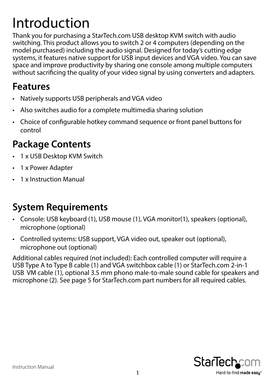 Introduction, Features, Package contents | System requirements, Features package contents system requirements | StarTech.com SV431USBA User Manual | Page 4 / 10
