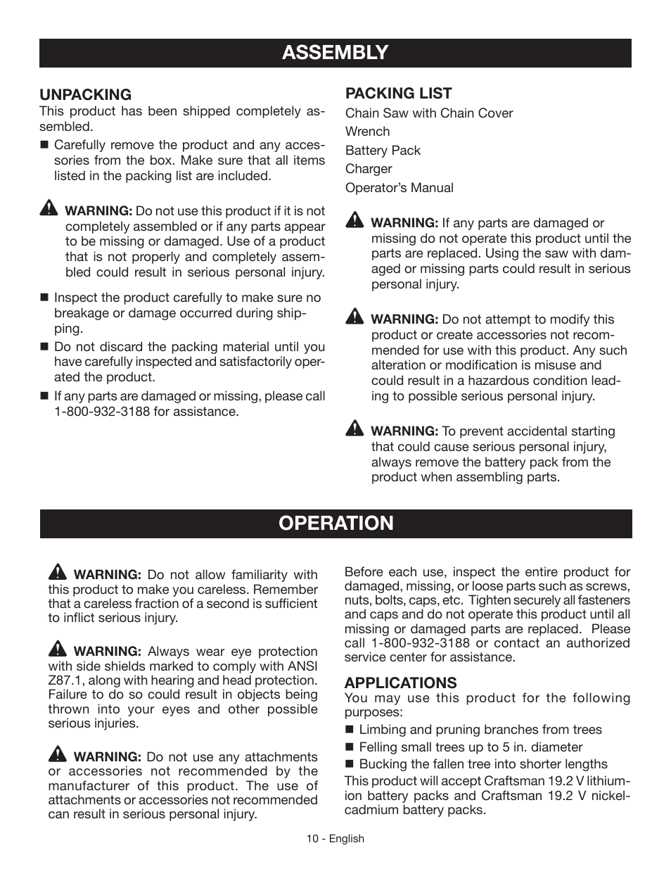 Assembly, Operation | Craftsman 315.3413 User Manual | Page 10 / 30