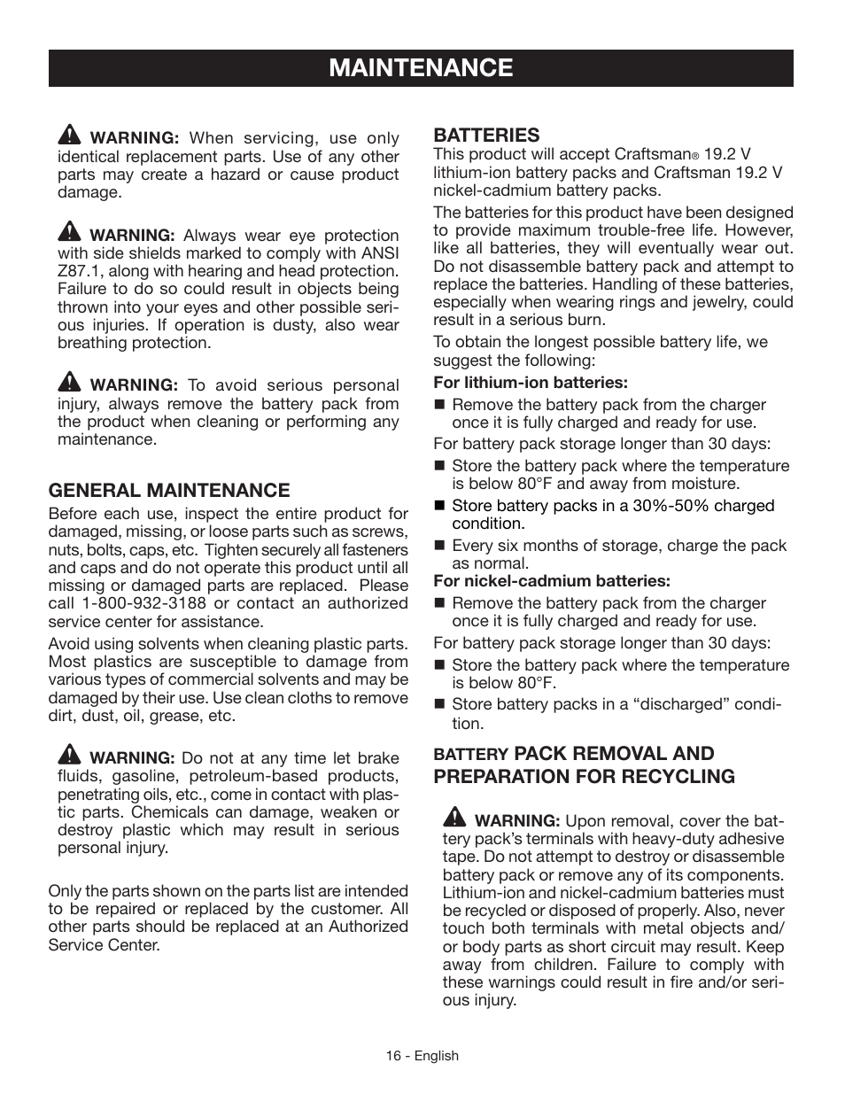 Maintenance | Craftsman 315.3413 User Manual | Page 16 / 30