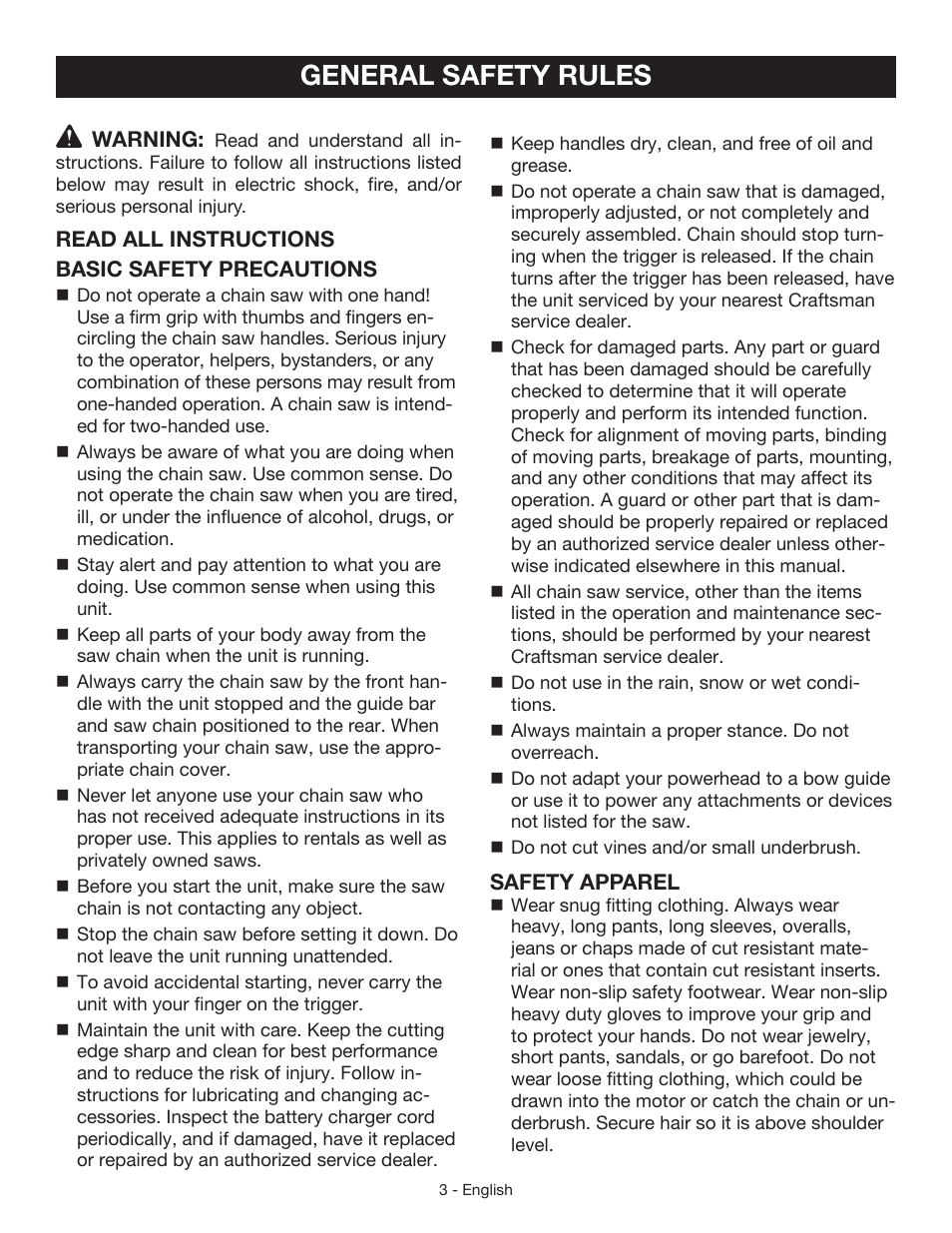 General safety rules | Craftsman 315.3413 User Manual | Page 3 / 30