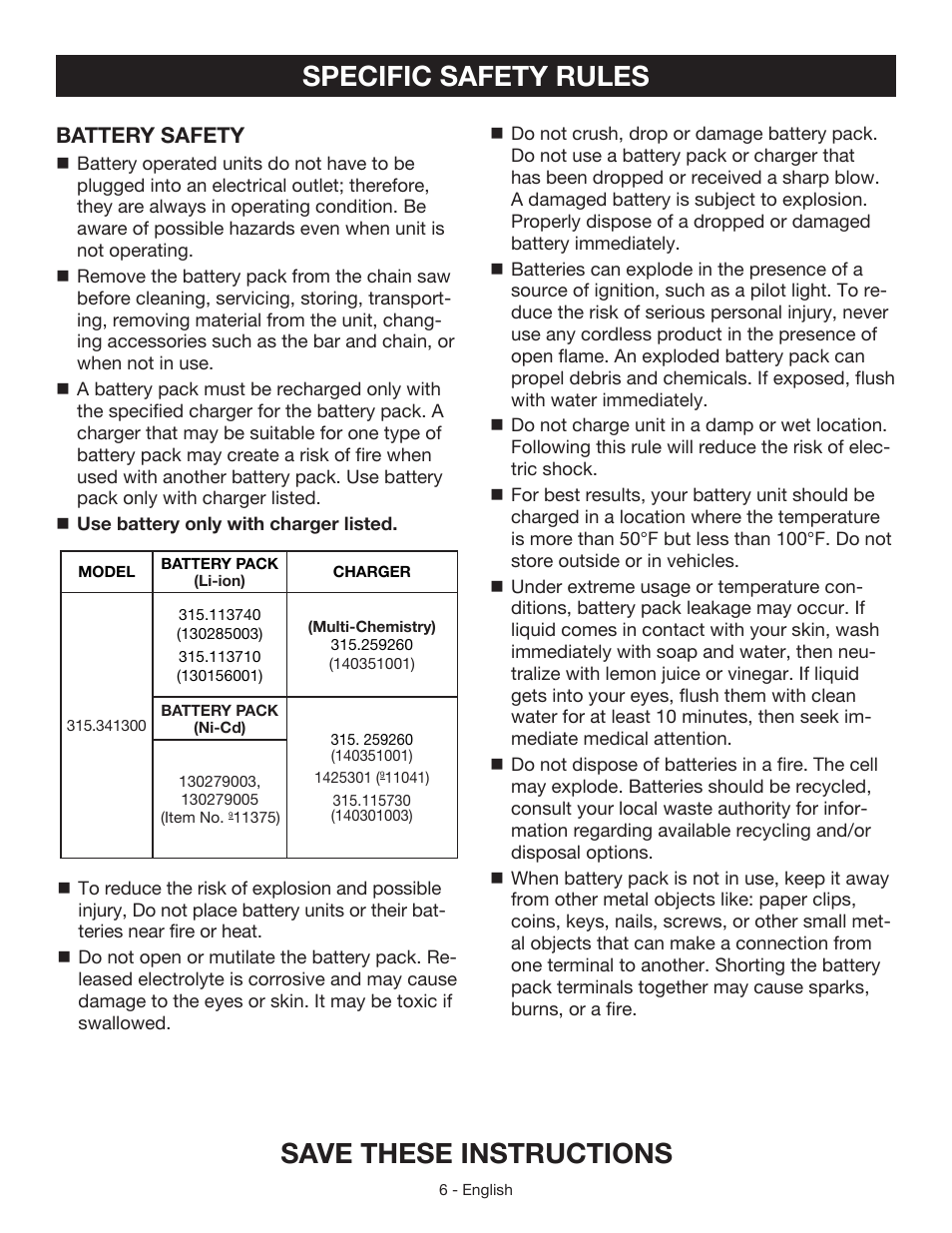 Specific safety rules, Save these instructions, Battery safety | Craftsman 315.3413 User Manual | Page 6 / 30