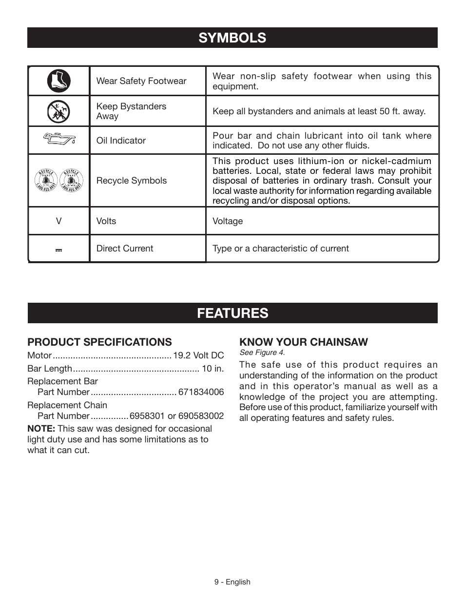 Symbols features | Craftsman 315.3413 User Manual | Page 9 / 30