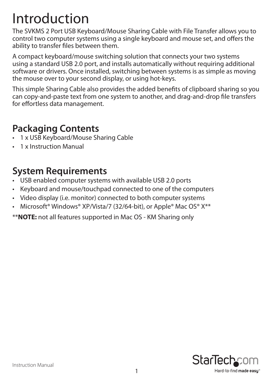 Introduction, Packaging contents, System requirements | StarTech.com SVKMS User Manual | Page 4 / 11