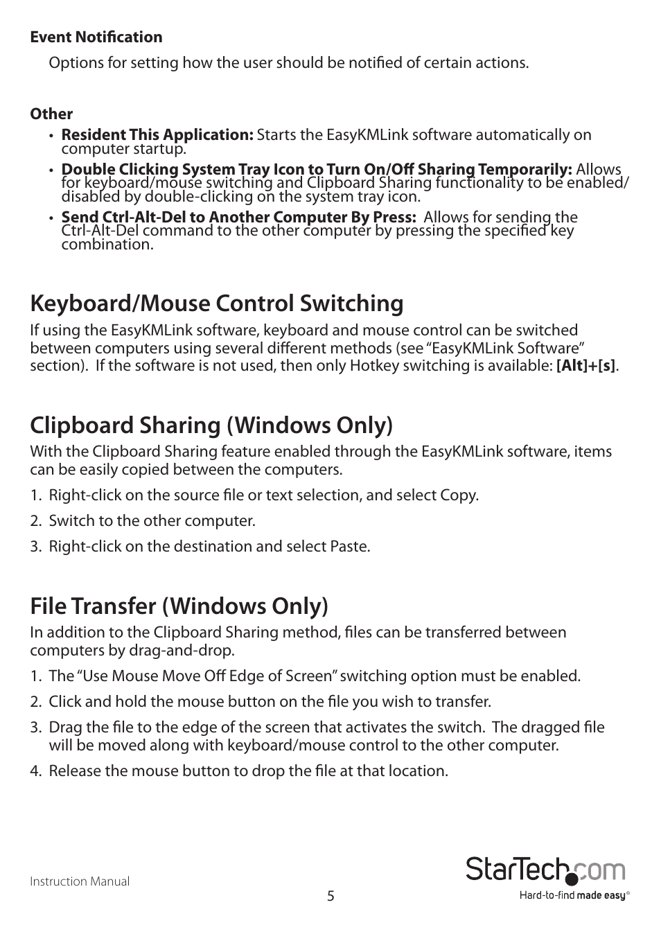 Keyboard/mouse control switching, Clipboard sharing (windows only), File transfer (windows only) | StarTech.com SVKMS User Manual | Page 8 / 11