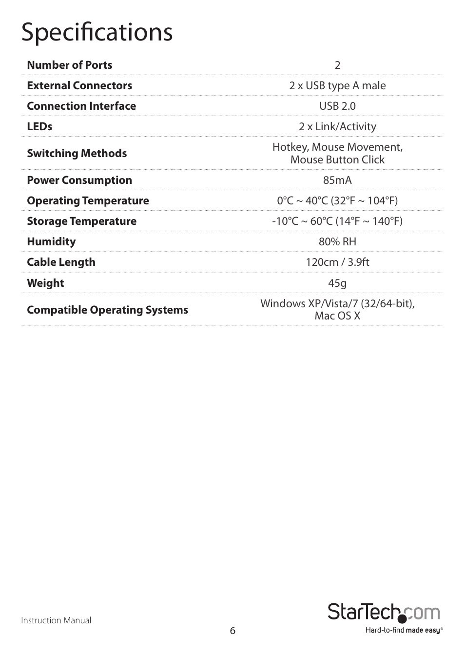 Specifications | StarTech.com SVKMS User Manual | Page 9 / 11