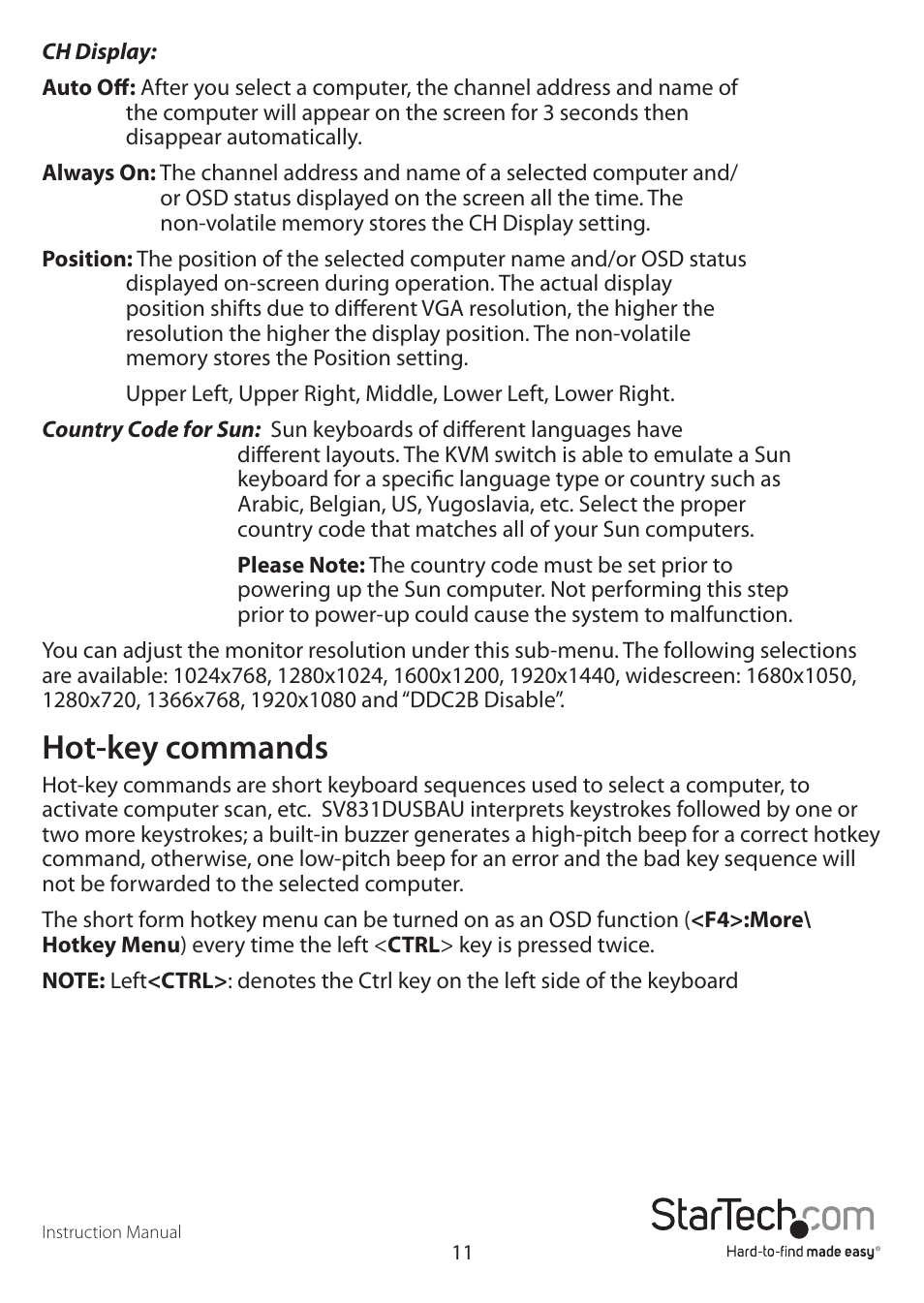 Hot-key commands | StarTech.com SV831DUSBAU User Manual | Page 14 / 20